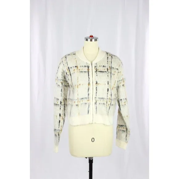NWT CURRENT/ELLIOTT The Bets White Plaid Mohair Bomber Sweater Jacket, Size 0 - Picture 2 of 13